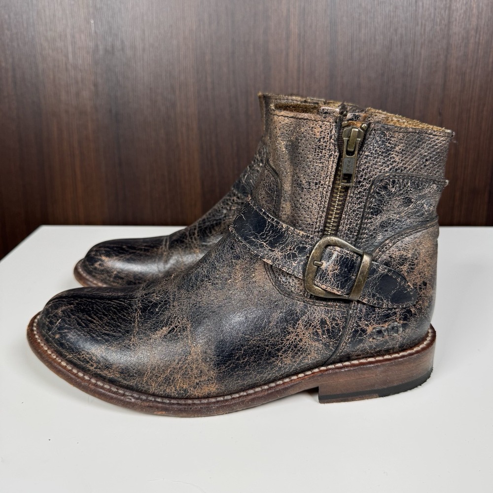 Bed Stu Becca Size 7 Women's Black/Brown Rustic Leather Zip Sides Boots - Read